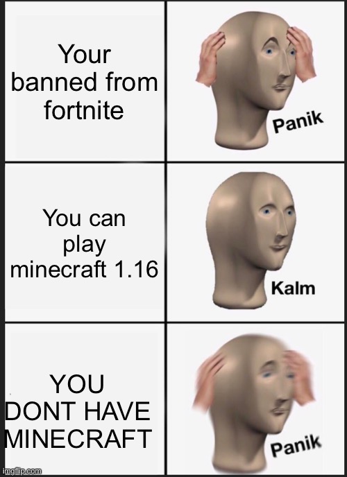 Fort nite hackers be like: | Your banned from fortnite; You can play minecraft 1.16; YOU DONT HAVE MINECRAFT | image tagged in memes,panik kalm panik | made w/ Imgflip meme maker