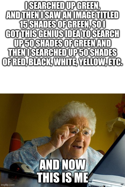 why did i make this | I SEARCHED UP GREEN, AND THEN I SAW AN IMAGE TITLED 15 SHADES OF GREEN, SO I GOT THIS GENIUS IDEA TO SEARCH UP 50 SHADES OF GREEN AND THEN I SEARCHED UP 50 SHADES OF RED, BLACK, WHITE, YELLOW, ETC. AND NOW THIS IS ME | image tagged in memes,grandma finds the internet,50 shades of green | made w/ Imgflip meme maker