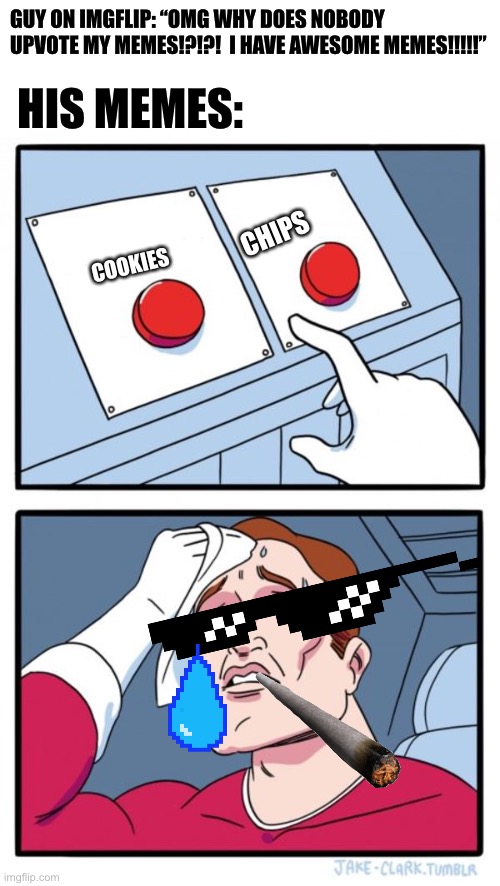 Reality about people’s memes | HIS MEMES:; GUY ON IMGFLIP: “OMG WHY DOES NOBODY UPVOTE MY MEMES!?!?!  I HAVE AWESOME MEMES!!!!!”; CHIPS; COOKIES | image tagged in blank white template,memes,two buttons,reality,funny | made w/ Imgflip meme maker