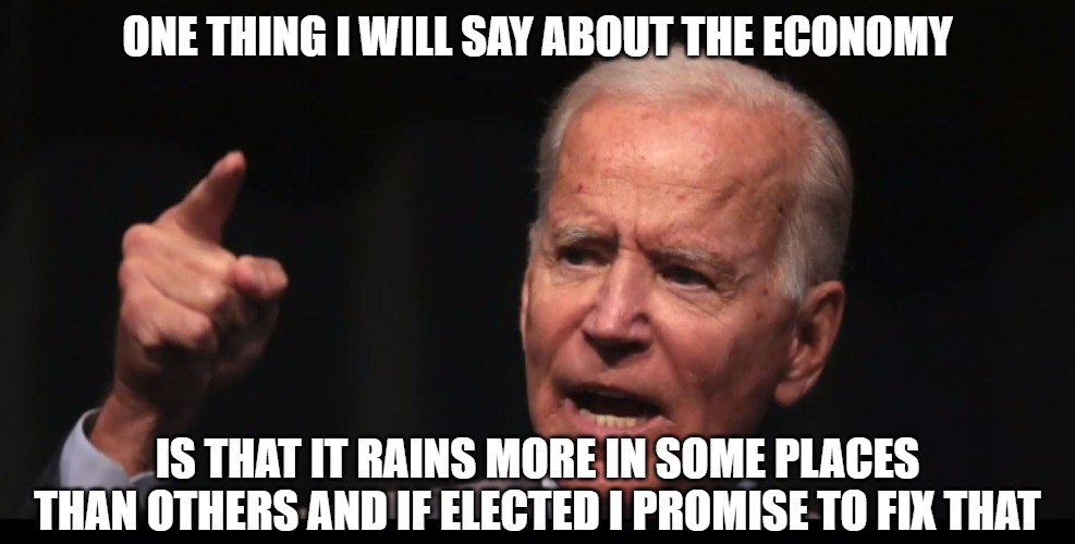 Just the facts Joe | ONE THING I WILL SAY ABOUT THE ECONOMY; IS THAT IT RAINS MORE IN SOME PLACES THAN OTHERS AND IF ELECTED I PROMISE TO FIX THAT | image tagged in biden,senile,memes,fun,funny,2020 | made w/ Imgflip meme maker