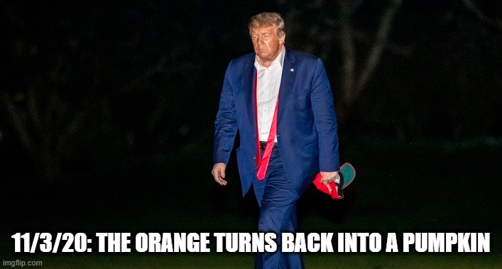 Time's up, Cinderalla | 11/3/20: THE ORANGE TURNS BACK INTO A PUMPKIN | image tagged in donald trump is an idiot,vote | made w/ Imgflip meme maker