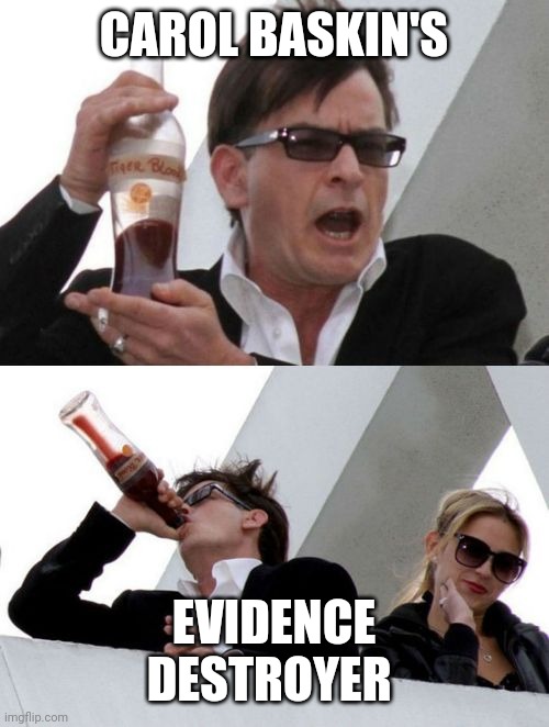 Charlie Sheen none of your business | CAROL BASKIN'S; EVIDENCE DESTROYER | image tagged in charlie sheen none of your business | made w/ Imgflip meme maker