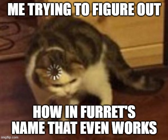 Loading cat | ME TRYING TO FIGURE OUT; HOW IN FURRET'S NAME THAT EVEN WORKS | image tagged in loading cat | made w/ Imgflip meme maker