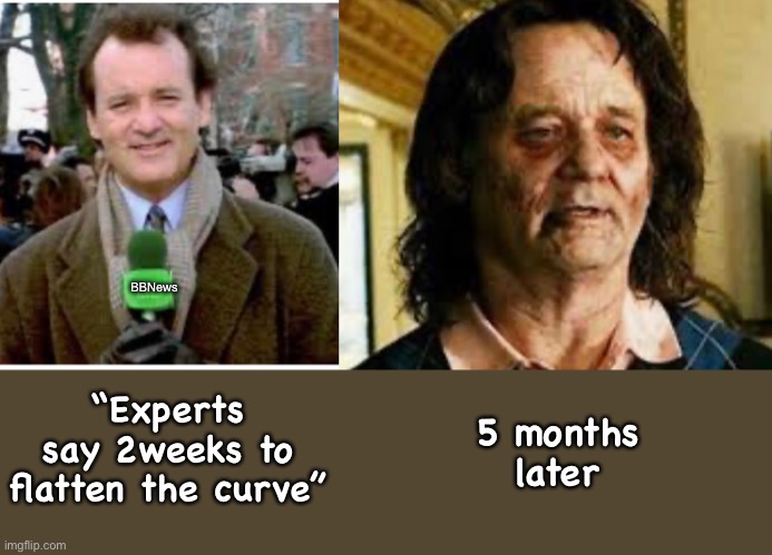 Zombie curve | BBNews; “Experts say 2weeks to
flatten the curve”; 5 months 
later | image tagged in funny | made w/ Imgflip meme maker