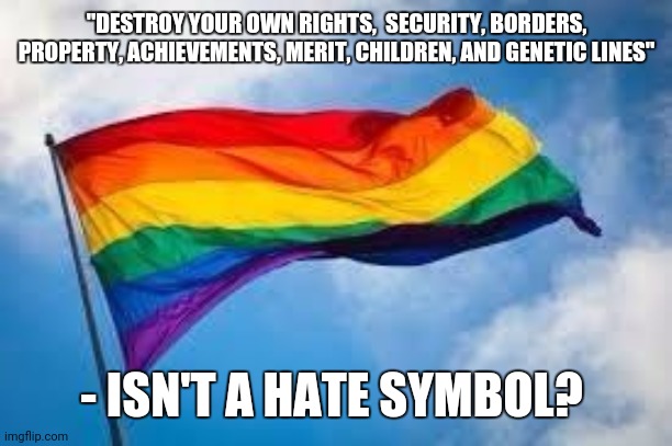 Rainbow flag | "DESTROY YOUR OWN RIGHTS,  SECURITY, BORDERS, PROPERTY, ACHIEVEMENTS, MERIT, CHILDREN, AND GENETIC LINES"; - ISN'T A HATE SYMBOL? | image tagged in rainbow flag | made w/ Imgflip meme maker