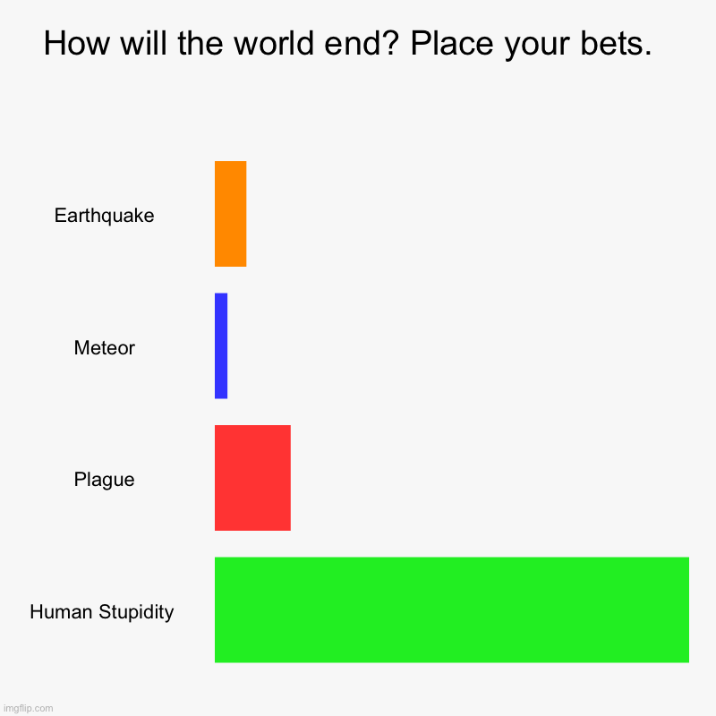 Place your bets | How will the world end? Place your bets.  | Earthquake, Meteor, Plague, Human Stupidity | image tagged in charts,bar charts,end of the world,stupidity,plague,earthquake | made w/ Imgflip chart maker