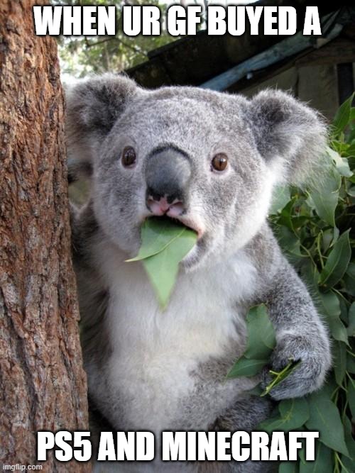 Surprised Koala Meme | WHEN UR GF BUYED A; PS5 AND MINECRAFT | image tagged in memes,surprised koala | made w/ Imgflip meme maker