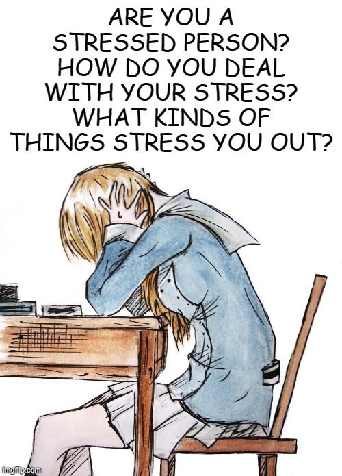 My short answer: I just go with the flow | ARE YOU A STRESSED PERSON?
HOW DO YOU DEAL WITH YOUR STRESS?
WHAT KINDS OF THINGS STRESS YOU OUT? | image tagged in stress | made w/ Imgflip meme maker