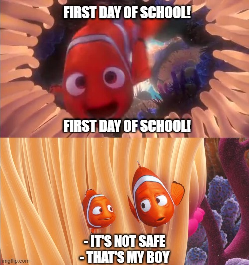 Back to School Covid | FIRST DAY OF SCHOOL! FIRST DAY OF SCHOOL! - IT'S NOT SAFE
- THAT'S MY BOY | image tagged in nemo,school,covid | made w/ Imgflip meme maker