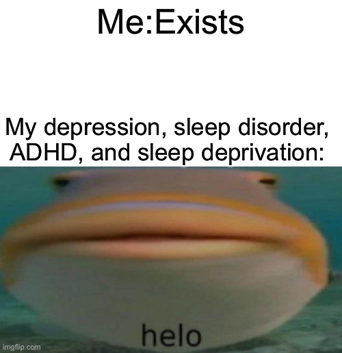 Dang that’s a lot of issues ;-; | Me:Exists; My depression, sleep disorder, ADHD, and sleep deprivation: | image tagged in blank white template,helo | made w/ Imgflip meme maker