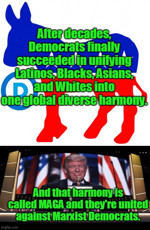 In November, your choices are either vote for America or vote for Communism. | After decades, Democrats finally succeeded in unifying Latinos, Blacks, Asians, and Whites into one global diverse harmony. And that harmony is called MAGA and they're united against Marxist Democrats. | image tagged in democrats,trump rnc,maga,communism,china,xi | made w/ Imgflip meme maker