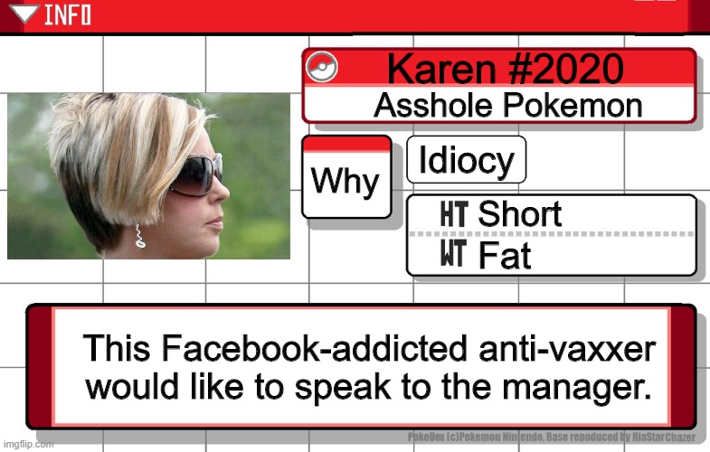 All about Karen | Karen #2020; Asshole Pokemon; Idiocy; Why; Short; Fat; This Facebook-addicted anti-vaxxer would like to speak to the manager. | image tagged in memes,karen,funny,gifs,pie charts,stop reading the tags | made w/ Imgflip meme maker