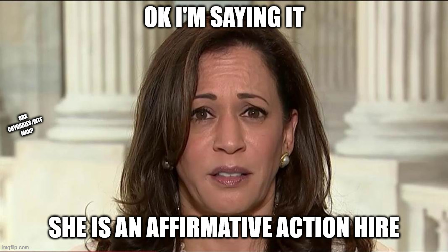 Hired based on race | OK I'M SAYING IT; OBX CRYBABIES/WTF MAN? SHE IS AN AFFIRMATIVE ACTION HIRE | image tagged in kamala harris,affirmative action,joe biden,biden harris | made w/ Imgflip meme maker