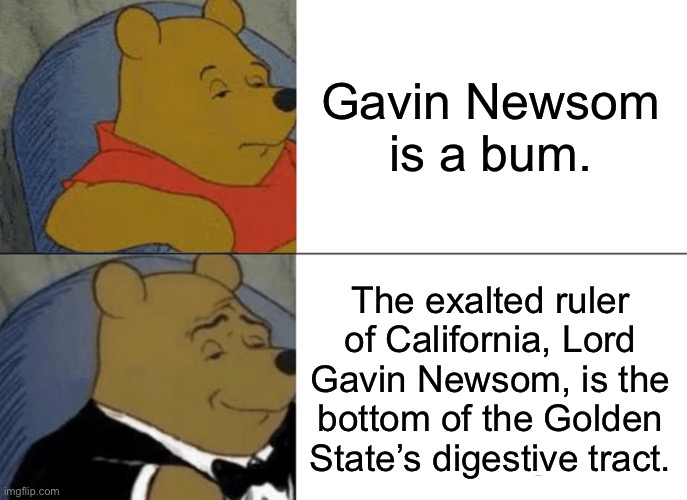Governor Gavin Newsom is a real ass | Gavin Newsom is a bum. The exalted ruler of California, Lord Gavin Newsom, is the bottom of the Golden State’s digestive tract. | image tagged in memes,tuxedo winnie the pooh,gavin newsom,butt,lord,california | made w/ Imgflip meme maker