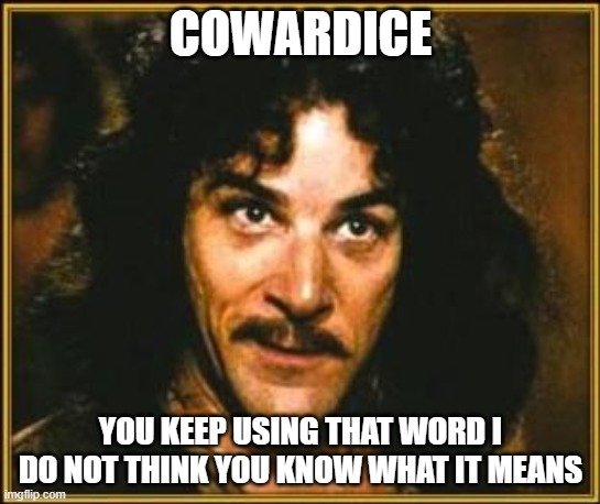 princess bride |  COWARDICE; YOU KEEP USING THAT WORD I DO NOT THINK YOU KNOW WHAT IT MEANS | image tagged in princess bride | made w/ Imgflip meme maker