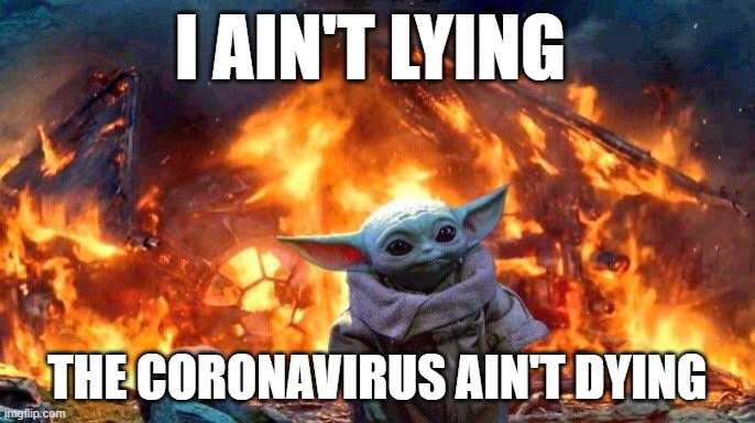 Baby Yoda Save Me |  I AIN'T LYING; THE CORONAVIRUS AIN'T DYING | image tagged in baby yoda,coronavirus,coronavirus meme,uncle sam i want you to mask n95 covid coronavirus,covidiots,covid-19 | made w/ Imgflip meme maker