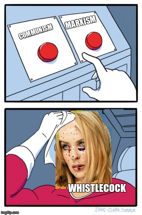 Two buttons Kylie | COMMUNISM MARXISM WHISTLECOCK | image tagged in two buttons kylie | made w/ Imgflip meme maker