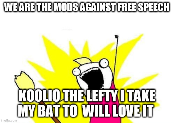 X All The Y | WE ARE THE MODS AGAINST FREE SPEECH; KOOLIO THE LEFTY I TAKE MY BAT TO  WILL LOVE IT | image tagged in memes,x all the y | made w/ Imgflip meme maker
