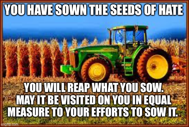 You reap what you sow. Harvest time is coming bitches | YOU HAVE SOWN THE SEEDS OF HATE; YOU WILL REAP WHAT YOU SOW. MAY IT BE VISITED ON YOU IN EQUAL MEASURE TO YOUR EFFORTS TO SOW IT. | image tagged in tractor in corn field,reaper,hate,woke,angry sjw | made w/ Imgflip meme maker