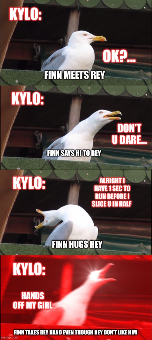 Inhaling Seagull Meme | KYLO:; OK?... FINN MEETS REY; KYLO:; DON’T U DARE... FINN SAYS HI TO REY; KYLO:; ALRIGHT I HAVE 1 SEC TO RUN BEFORE I SLICE U IN HALF; FINN HUGS REY; KYLO:; HANDS OFF MY GIRL; FINN TAKES REY HAND EVEN THOUGH REY DON’T LIKE HIM | image tagged in memes,inhaling seagull | made w/ Imgflip meme maker