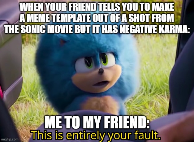 this is entirely your fault | WHEN YOUR FRIEND TELLS YOU TO MAKE A MEME TEMPLATE OUT OF A SHOT FROM THE SONIC MOVIE BUT IT HAS NEGATIVE KARMA:; ME TO MY FRIEND: | image tagged in this is entirely your fault | made w/ Imgflip meme maker