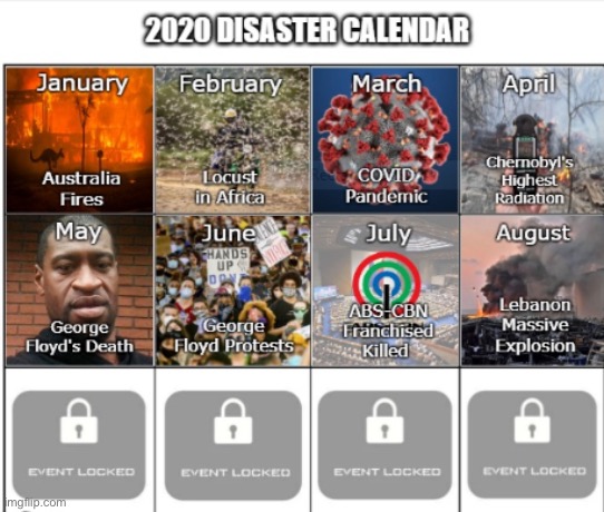 2020 disaster calendar | image tagged in 2020,covid-19,george floyd,radiation,disaster | made w/ Imgflip meme maker
