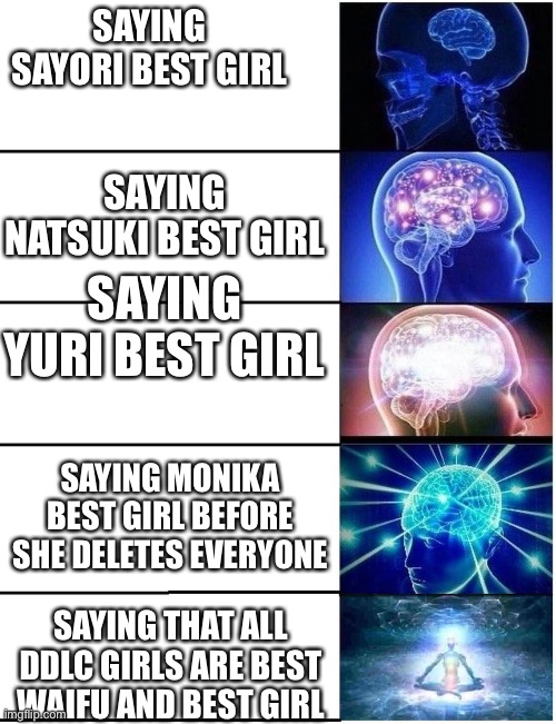 Expanding Brain 5 Panel | SAYING SAYORI BEST GIRL; SAYING NATSUKI BEST GIRL; SAYING YURI BEST GIRL; SAYING MONIKA BEST GIRL BEFORE SHE DELETES EVERYONE; SAYING THAT ALL DDLC GIRLS ARE BEST WAIFU AND BEST GIRL | image tagged in expanding brain 5 panel | made w/ Imgflip meme maker