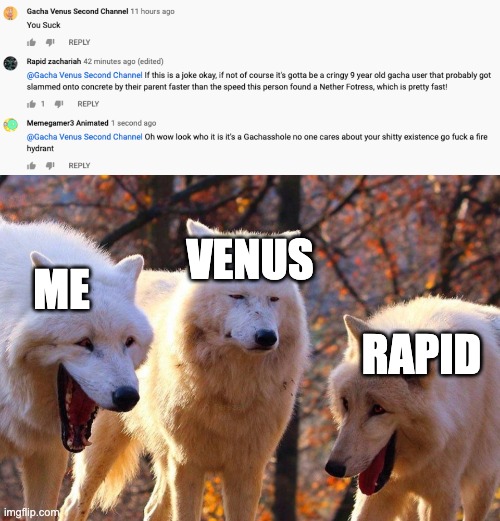 Was watching a legit minecraft speedrun attempt. Saw this in the comments & kicked her butt with this other guy. | VENUS; ME; RAPID | image tagged in 2/3 wolves laugh | made w/ Imgflip meme maker