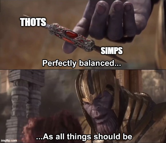 Thanos perfectly balanced as all things should be |  THOTS; SIMPS | image tagged in thanos perfectly balanced as all things should be,memes,simp,thots,thanos,thanos perfectly balanced | made w/ Imgflip meme maker