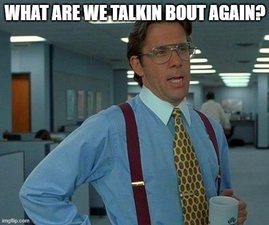 what | WHAT ARE WE TALKIN BOUT AGAIN? | image tagged in memes,that would be great | made w/ Imgflip meme maker