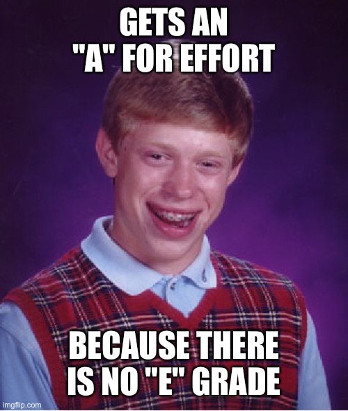 Bad Luck Brian | GETS AN "A" FOR EFFORT; BECAUSE THERE IS NO "E" GRADE | image tagged in memes,bad luck brian | made w/ Imgflip meme maker