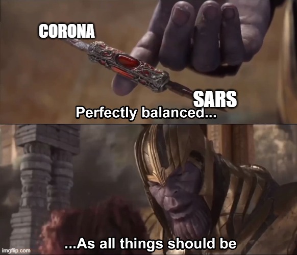 Thanos perfectly balanced as all things should be | CORONA; SARS | image tagged in thanos perfectly balanced as all things should be | made w/ Imgflip meme maker