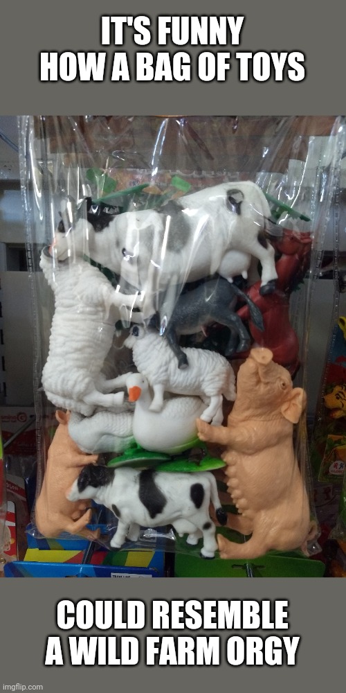 Dirty mind and plastic toys. | IT'S FUNNY HOW A BAG OF TOYS; COULD RESEMBLE A WILD FARM ORGY | image tagged in farm,toys | made w/ Imgflip meme maker