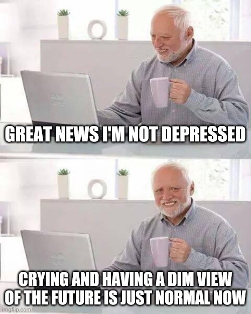Hide the Pain Harold | GREAT NEWS I'M NOT DEPRESSED; CRYING AND HAVING A DIM VIEW OF THE FUTURE IS JUST NORMAL NOW | image tagged in memes,hide the pain harold | made w/ Imgflip meme maker