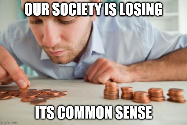 Counting pennies | OUR SOCIETY IS LOSING; ITS COMMON SENSE | image tagged in counting pennies | made w/ Imgflip meme maker