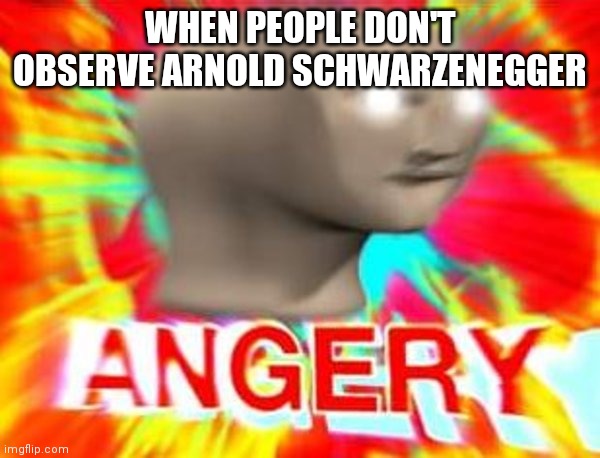 Surreal Angery | WHEN PEOPLE DON'T OBSERVE ARNOLD SCHWARZENEGGER | image tagged in surreal angery | made w/ Imgflip meme maker