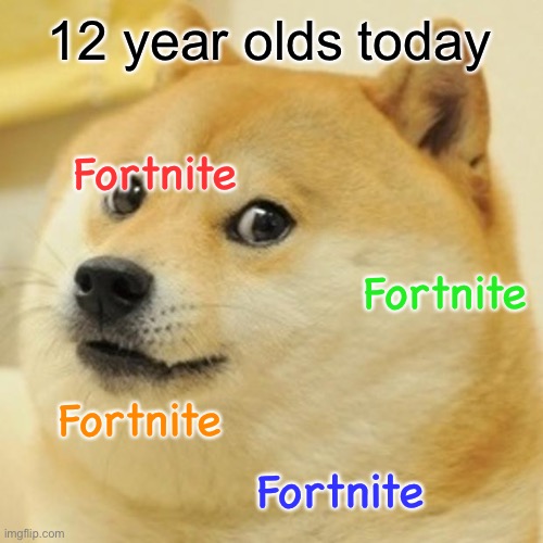 Doge | 12 year olds today; Fortnite; Fortnite; Fortnite; Fortnite | image tagged in memes,doge | made w/ Imgflip meme maker