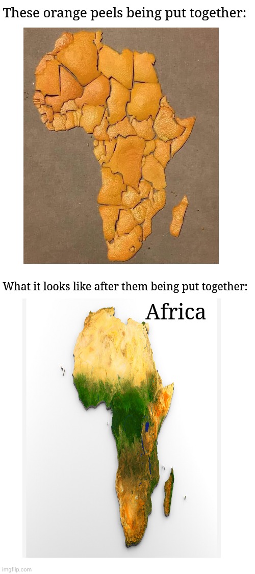 Orange peels; Africa | These orange peels being put together:; What it looks like after them being put together:; Africa | image tagged in blank white template,orange,africa,memes,meme,funny | made w/ Imgflip meme maker