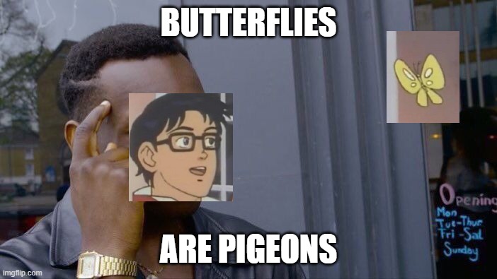meme crossover | BUTTERFLIES; ARE PIGEONS | image tagged in memes,roll safe think about it,is this a pigeon | made w/ Imgflip meme maker