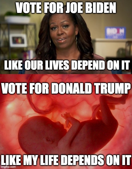 Abortion is murder! Trump & Pence 2020! | VOTE FOR JOE BIDEN; LIKE OUR LIVES DEPEND ON IT; VOTE FOR DONALD TRUMP; LIKE MY LIFE DEPENDS ON IT | image tagged in memes,politics,abortion,joe biden,donald trump,michelle obama | made w/ Imgflip meme maker