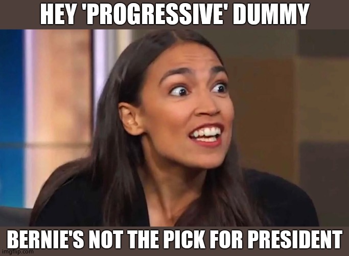 AOC endorses Bernie | HEY 'PROGRESSIVE' DUMMY; BERNIE'S NOT THE PICK FOR PRESIDENT | image tagged in crazy aoc,dummy,ignorant,crush the commies | made w/ Imgflip meme maker