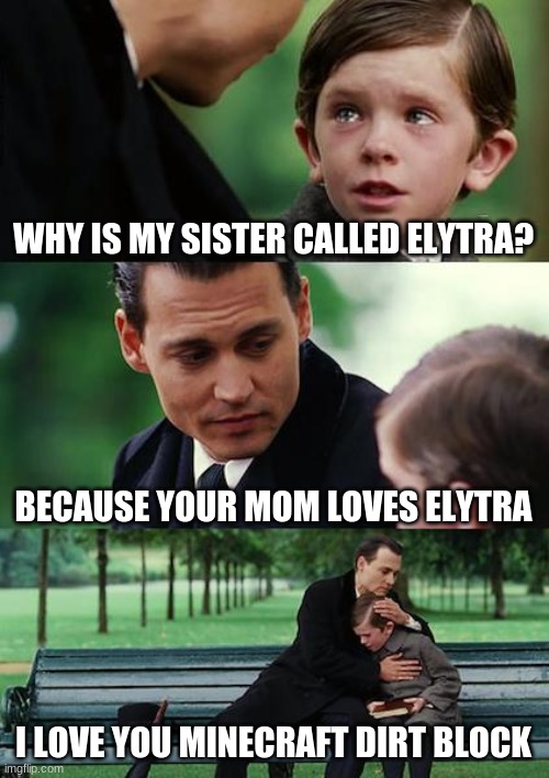 minecraft memes | WHY IS MY SISTER CALLED ELYTRA? BECAUSE YOUR MOM LOVES ELYTRA; I LOVE YOU MINECRAFT DIRT BLOCK | image tagged in memes,finding neverland,minecraft | made w/ Imgflip meme maker