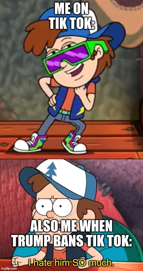 Dipper I hate him so much | ME ON TIK TOK:; ALSO ME WHEN TRUMP BANS TIK TOK: | image tagged in dipper i hate him so much | made w/ Imgflip meme maker