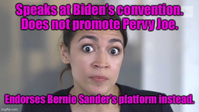 2020 Democrat Convention - Circus Circus | Speaks at Biden’s convention. Does not promote Pervy Joe. Endorses Bernie Sander’s platform instead. | image tagged in crazy alexandria ocasio-cortez,bernie sanders,joe biden,speech,democrat convention | made w/ Imgflip meme maker