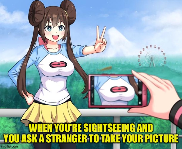 "Can I send this to my phone?" | WHEN YOU'RE SIGHTSEEING AND YOU ASK A STRANGER TO TAKE YOUR PICTURE | image tagged in anime girl camera | made w/ Imgflip meme maker