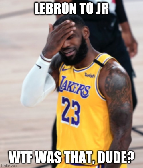 lebron to jr, nba playoffs | LEBRON TO JR; WTF WAS THAT, DUDE? | image tagged in lebron to jr | made w/ Imgflip meme maker