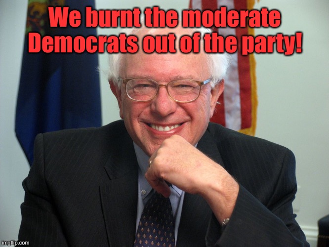 Vote Bernie Sanders | We burnt the moderate Democrats out of the party! | image tagged in vote bernie sanders | made w/ Imgflip meme maker