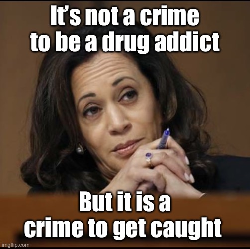 Kamala Harris  | It’s not a crime to be a drug addict But it is a crime to get caught | image tagged in kamala harris | made w/ Imgflip meme maker