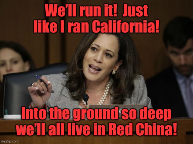 Kamala Harris | We’ll run it!  Just like I ran California! Into the ground so deep we’ll all live in Red China! | image tagged in kamala harris | made w/ Imgflip meme maker