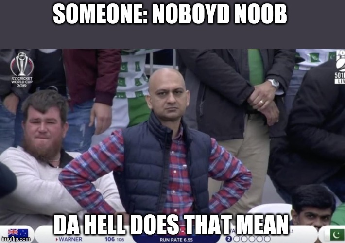 Someone said that to me twice in this website today | SOMEONE: NOBOYD NOOB; DA HELL DOES THAT MEAN | image tagged in dissappointed muhammed,memes | made w/ Imgflip meme maker